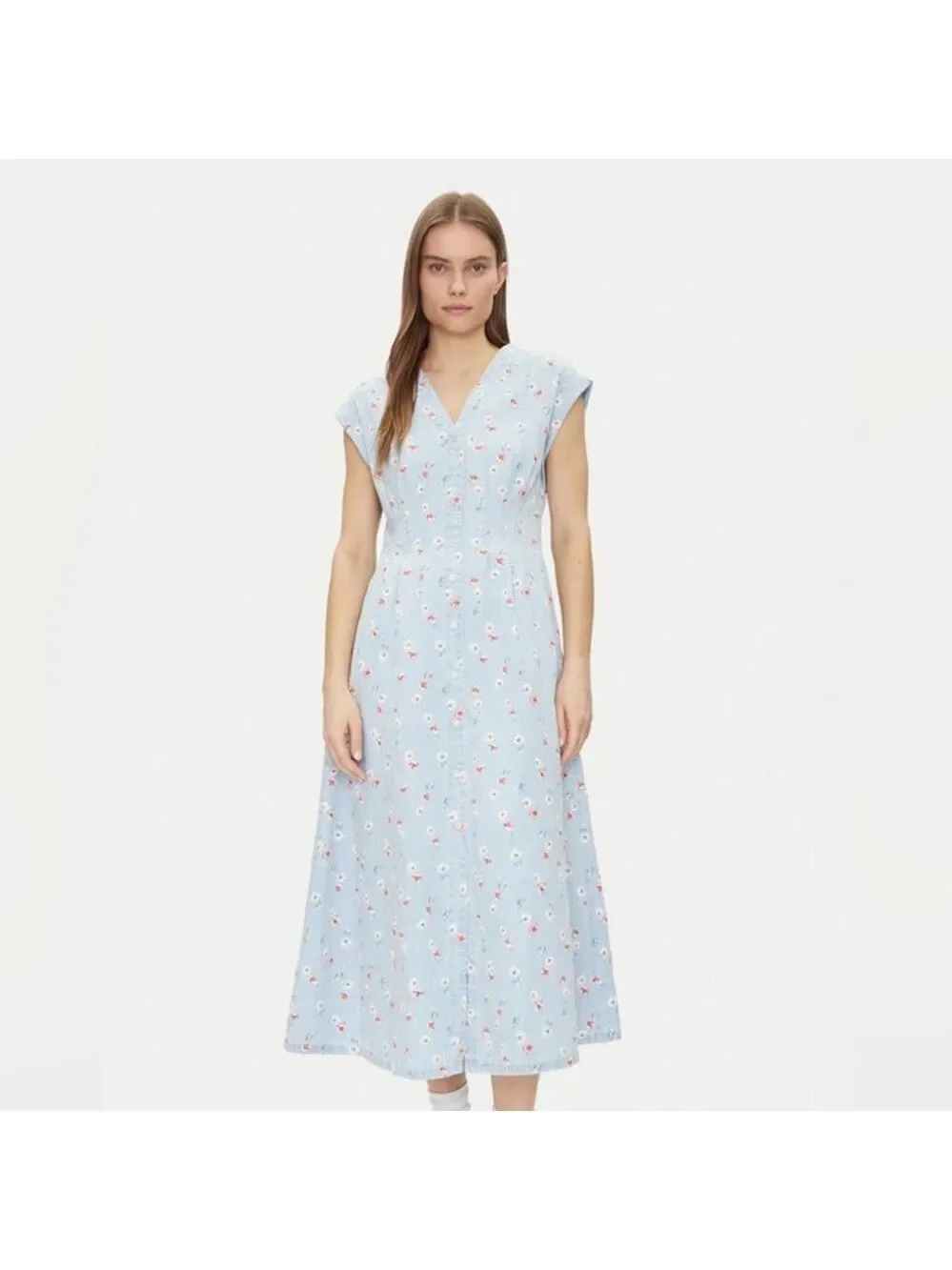 pleated denim maxi dress gap Gap Blue Floral Pleated Denim Midi Dress